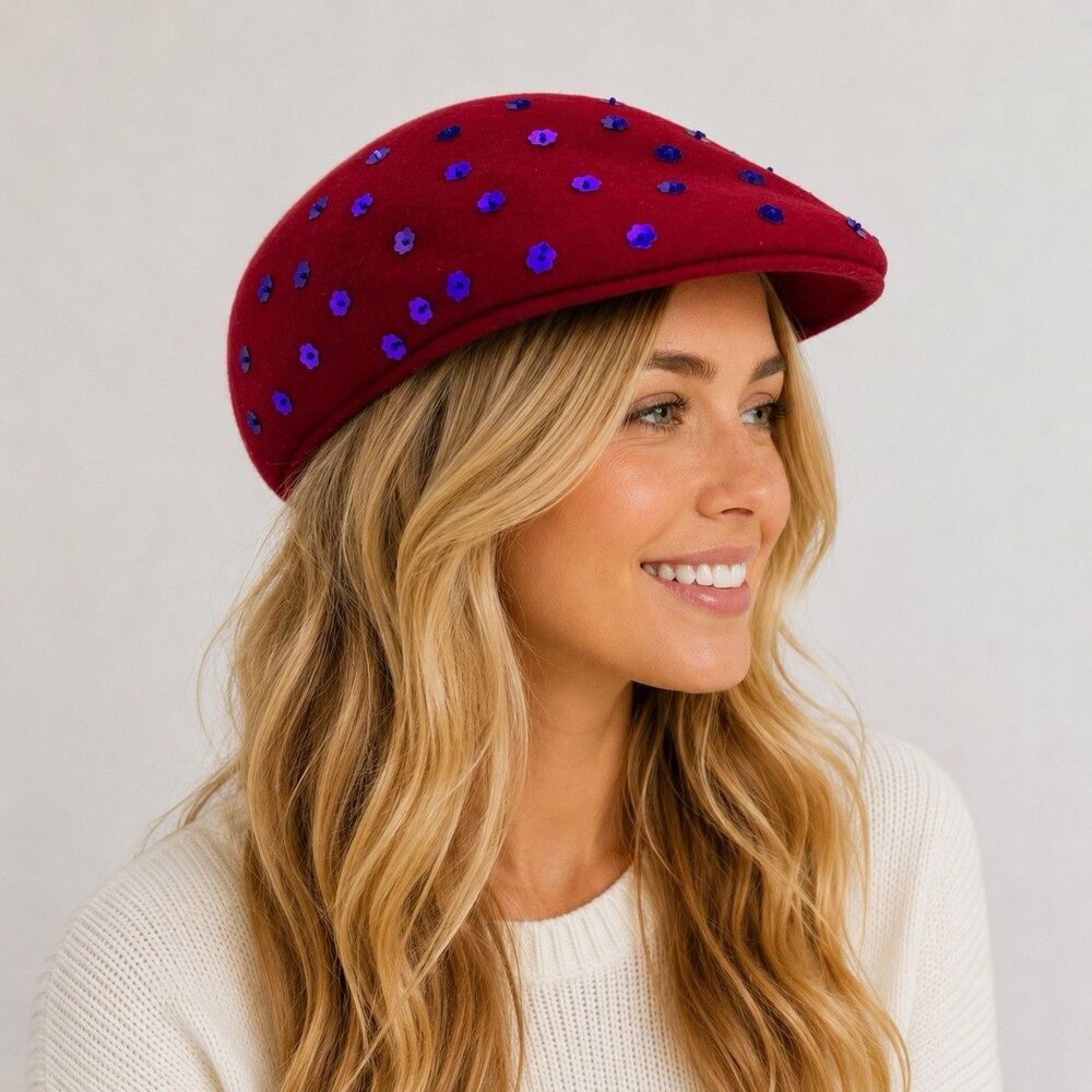 Something Special Red Wool Flat Cap Purple Sequin Embellished Women’s Hat